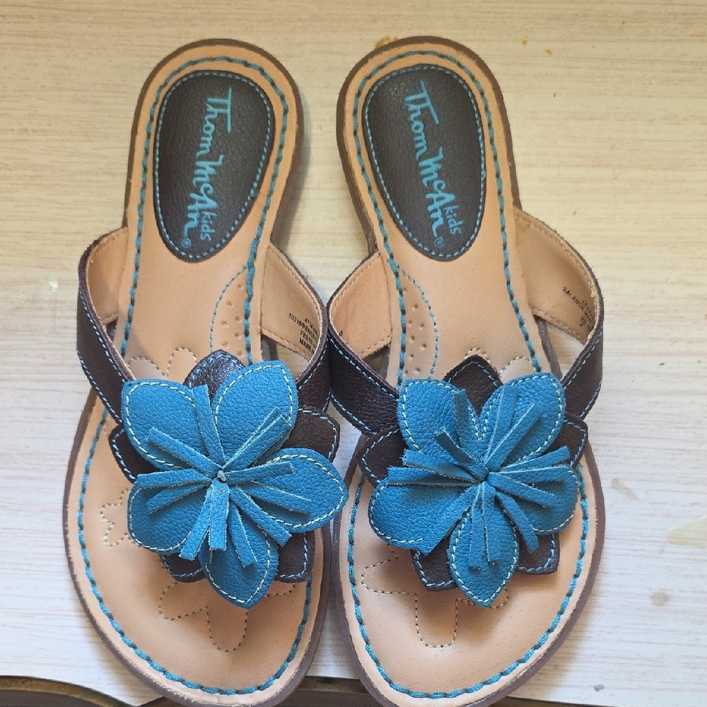 Thom McAn Blue and Brown Sandals with Floral Accents